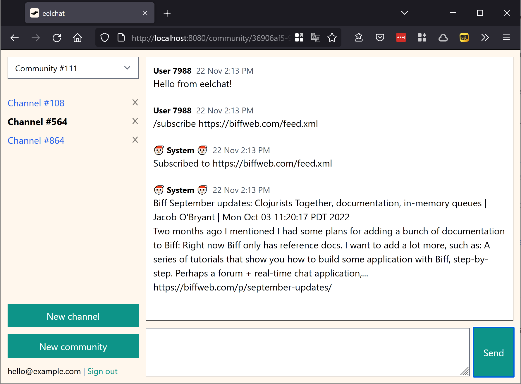Screenshot of the finished eelchat application