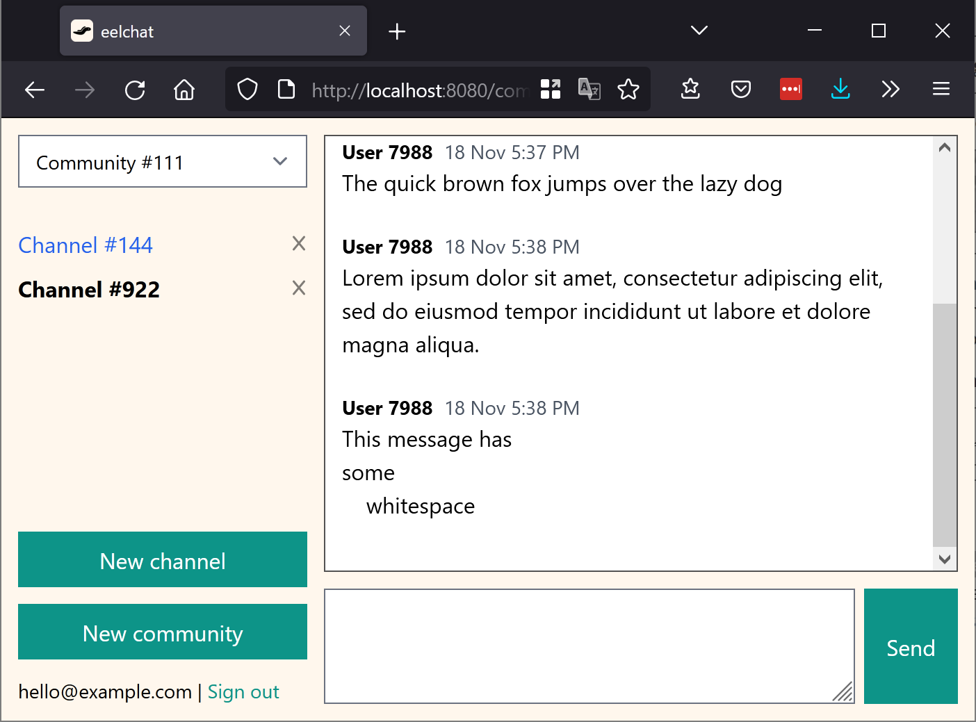 Screenshot of the channel with several messages in it and the new message text box